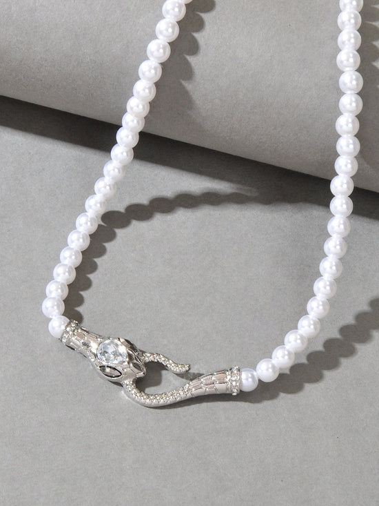 Punk Retro Pearl Beads Chain Gold Silver Snake Short Clavicle Statement Necklace