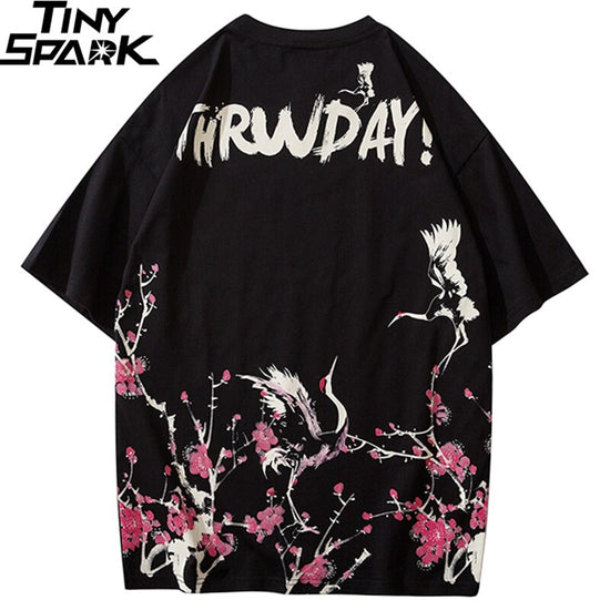 Japanese Sakura T Shirt Hip Hop Streetwear Men Harajuku Crane Tshirt Short Sleeve Summer Fashion Casual T-Shirt Cotton New