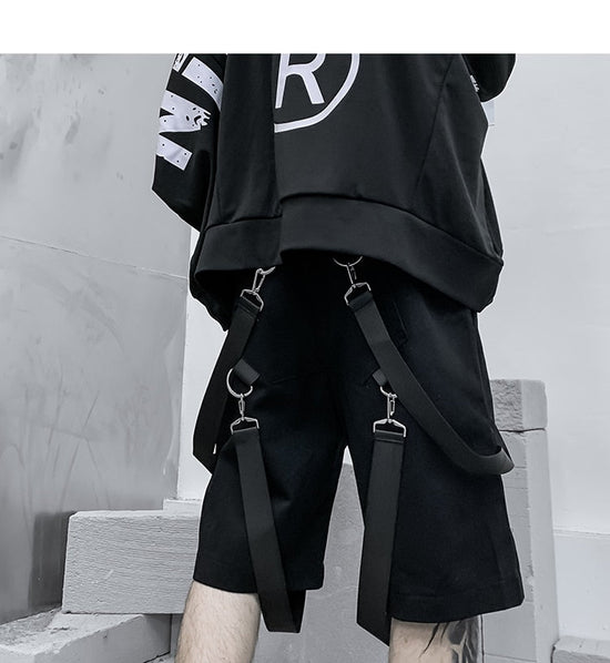 Male Shorts Multi Pocket Summer Loose Ribbons Black Men Short Pant Casual Cotton Hip Hop Streetwear Mens Cargo Shorts