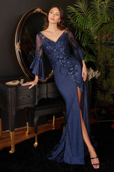 Long Bell Sleeve Lace & Satin Gown - Sequel atire
