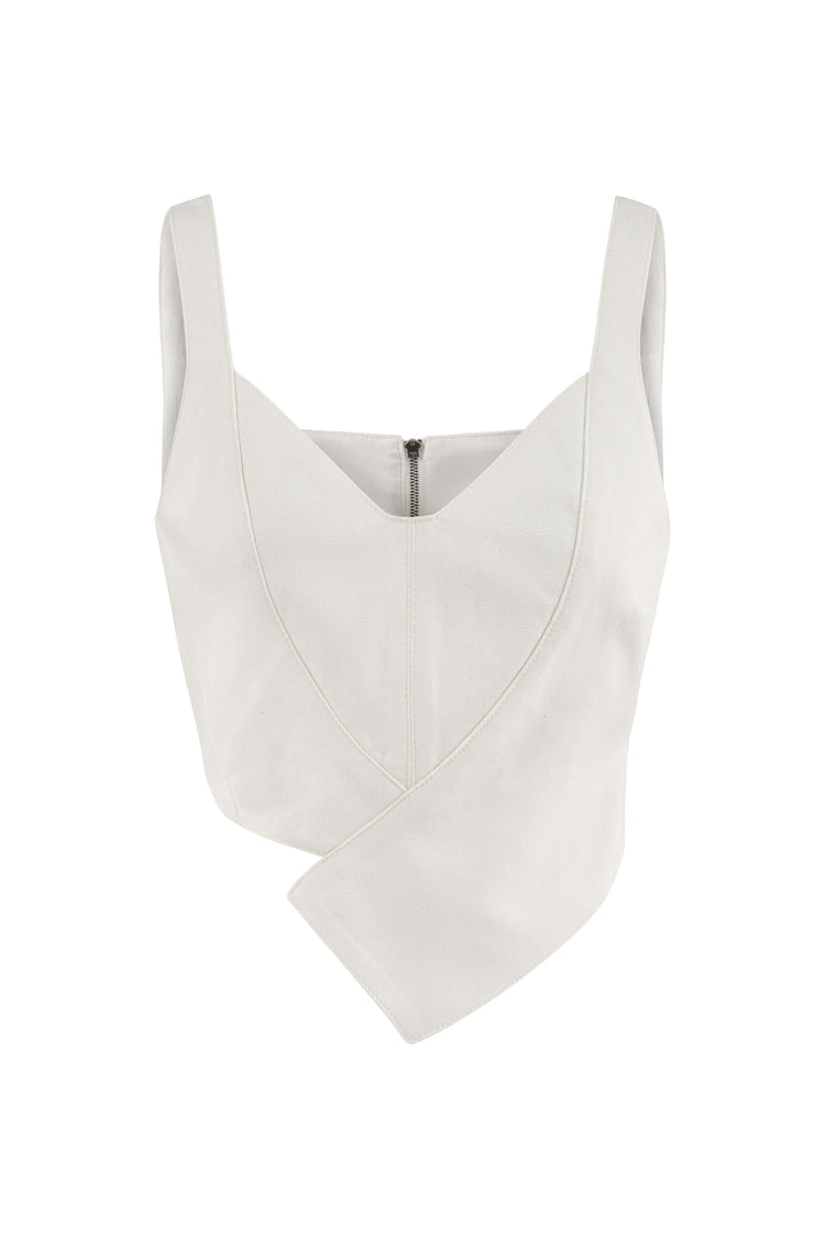 JENDUE Ron Crop Denim Top - Stylish White Asymmetrical Top - Sequel atire