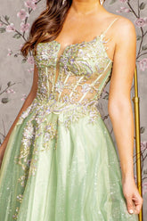 3-D Flower Jewel Sheer Corset Bodice Mesh A-line Long Dress - Sequel atire