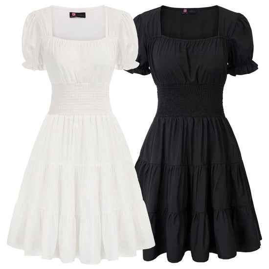 Summer Short Dresses Women Cake Dress Smocked Waist Short Sleeve Square Neck A-Line Solid Color Fashion Slim Waist Clothes New